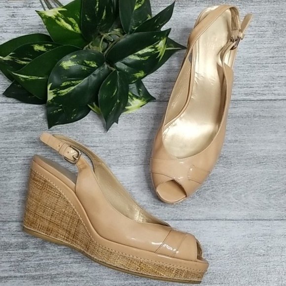 Stuart Weitzman tan slingback peep toe wedge
